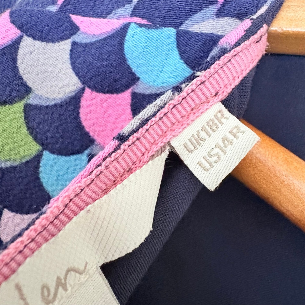 Boden Jemima Dress 14R Navy‎ Blue Multicolor Scallop Print V-Neck Ruched - Picture 4 of 13